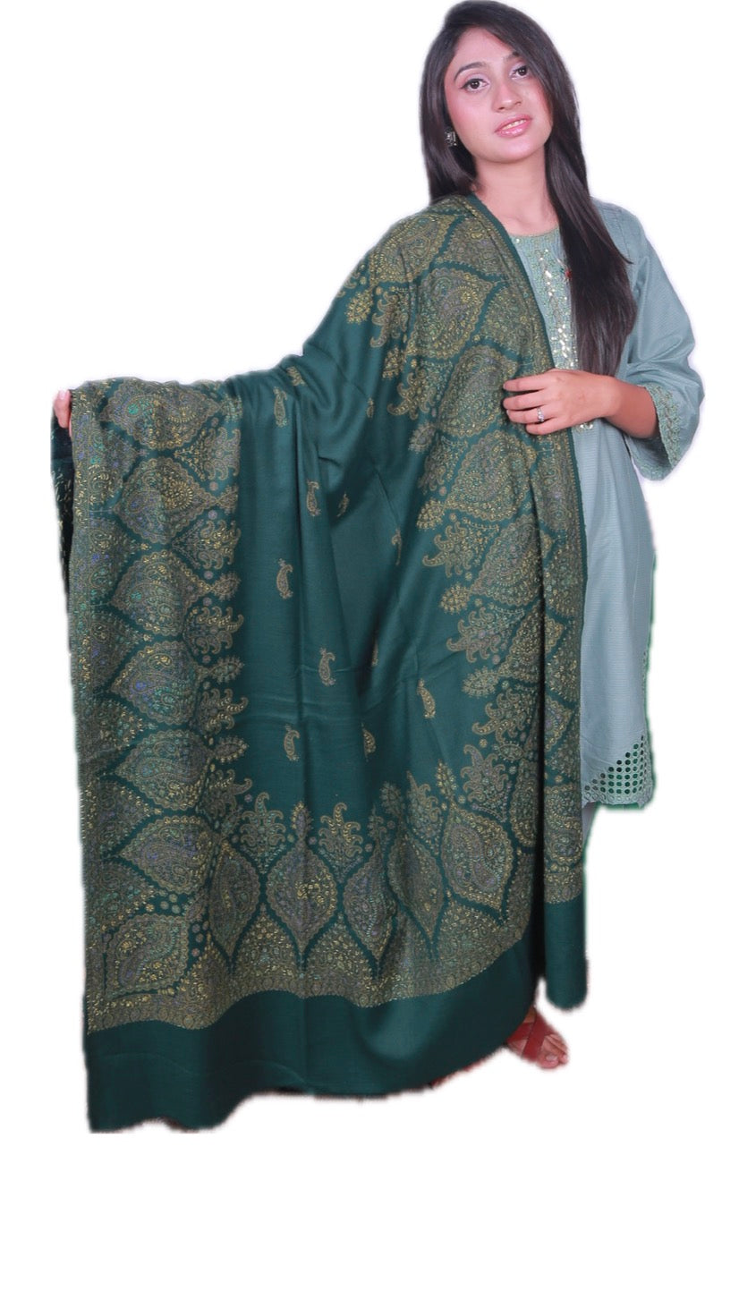 Green Handmade Cashmere Sozni Embroidered Shawl
