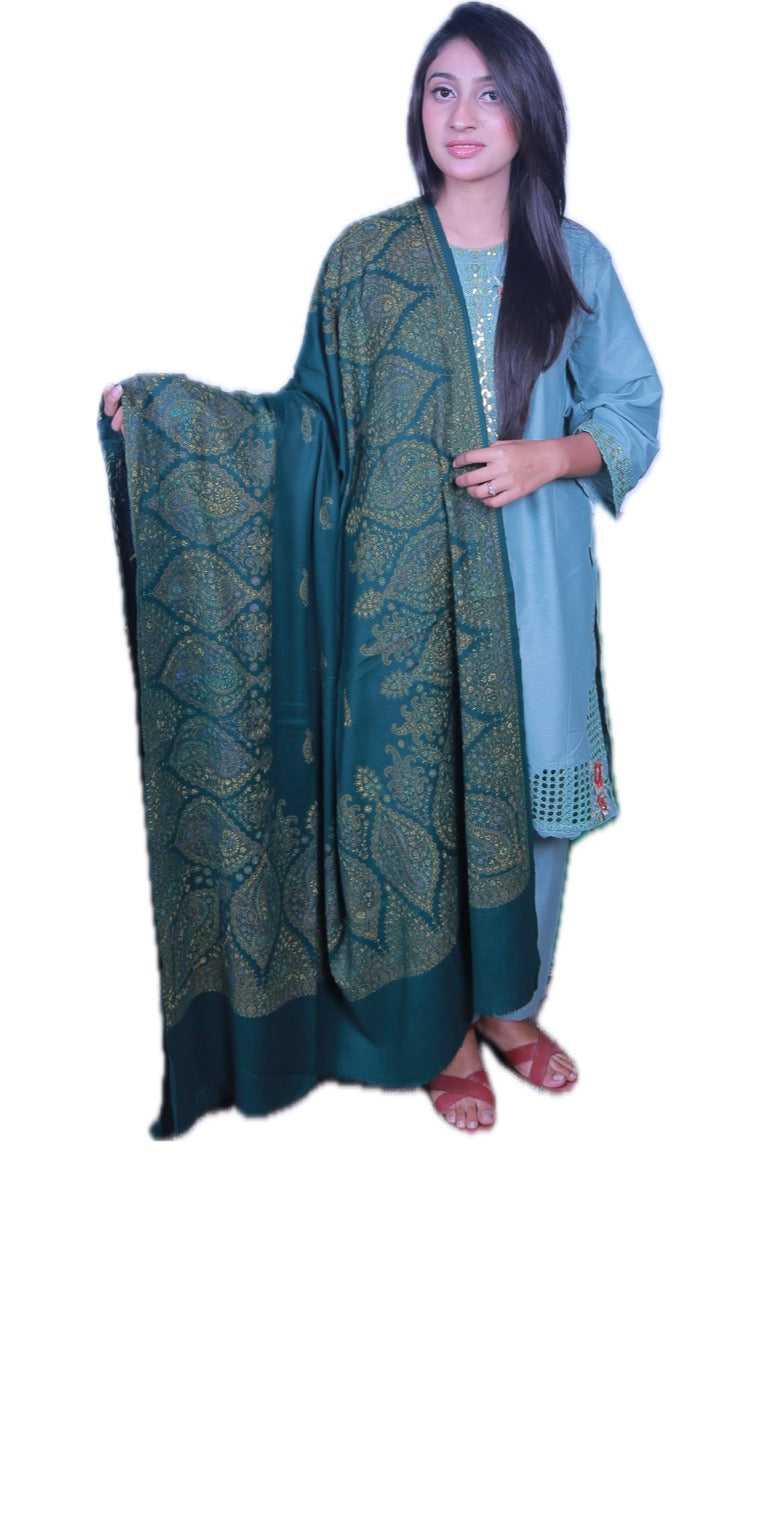 Green handmade cashmere shawl featuring intricate Sozni embroidery, ideal for elegant layering in luxury apparel and accessories collections.