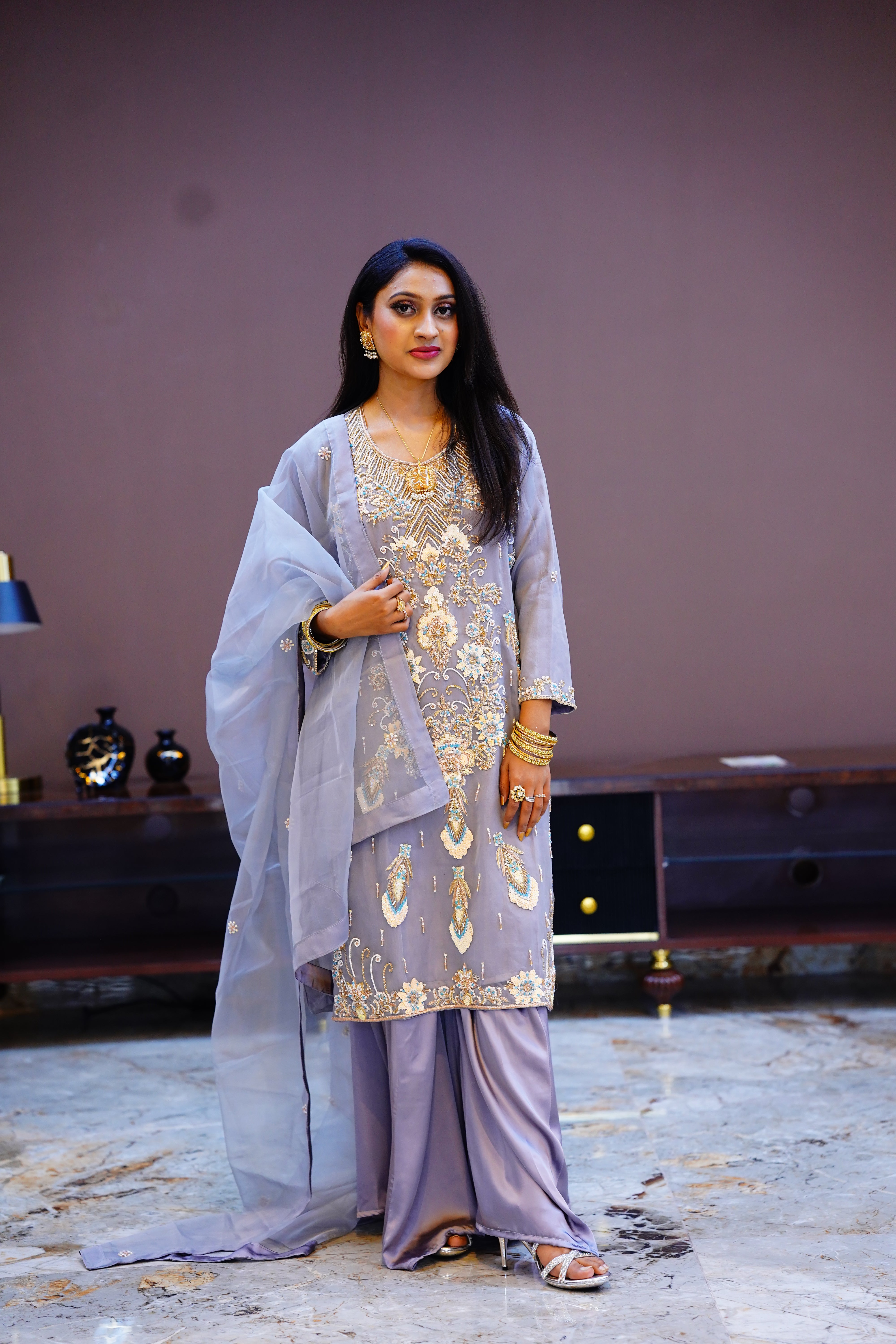 Women Wearing Handmade Adda Work Shirt with Shamoz Silk Sharara