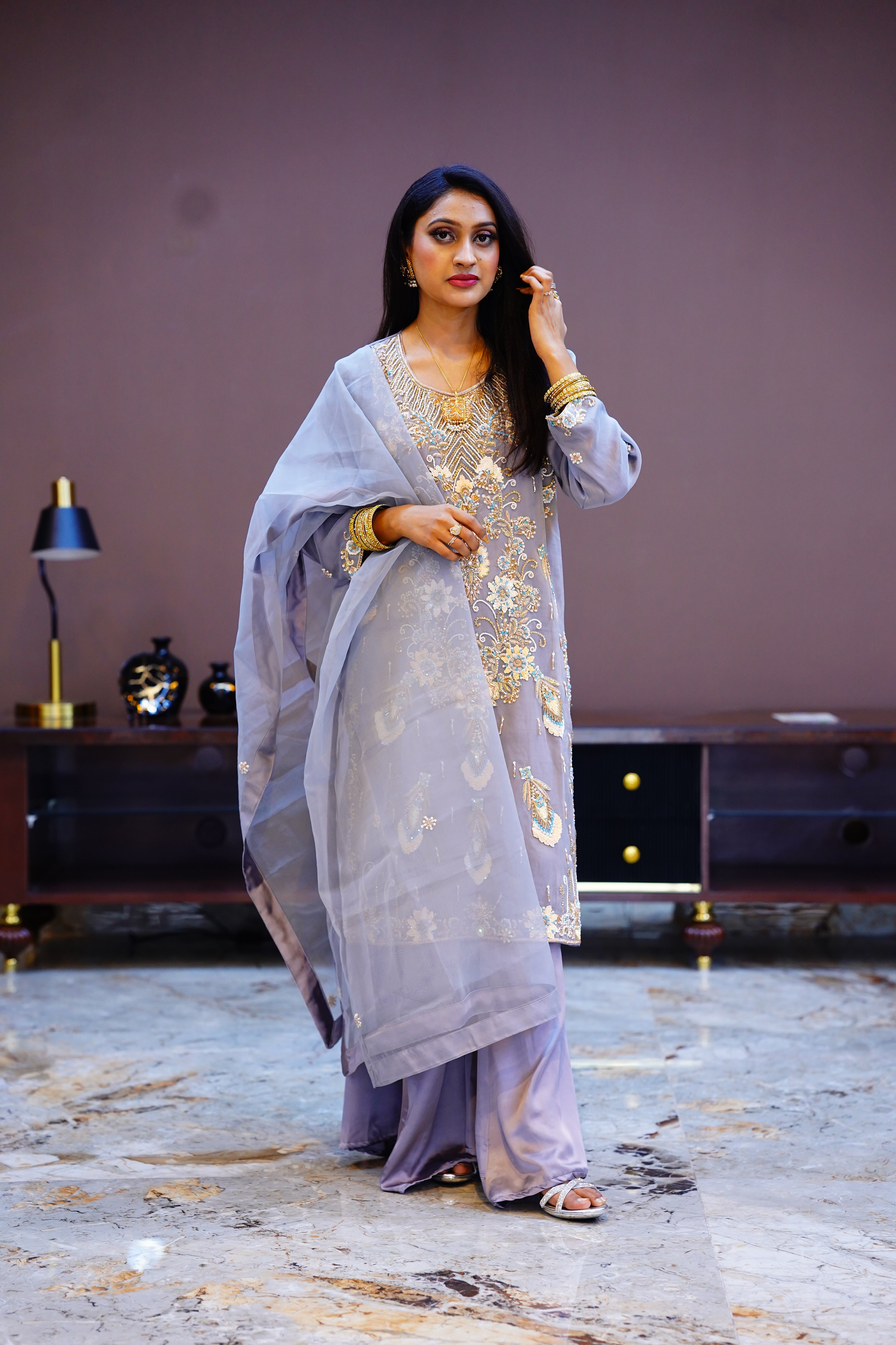 Handmade Organza Long Shirt With Dupatta And Sharara