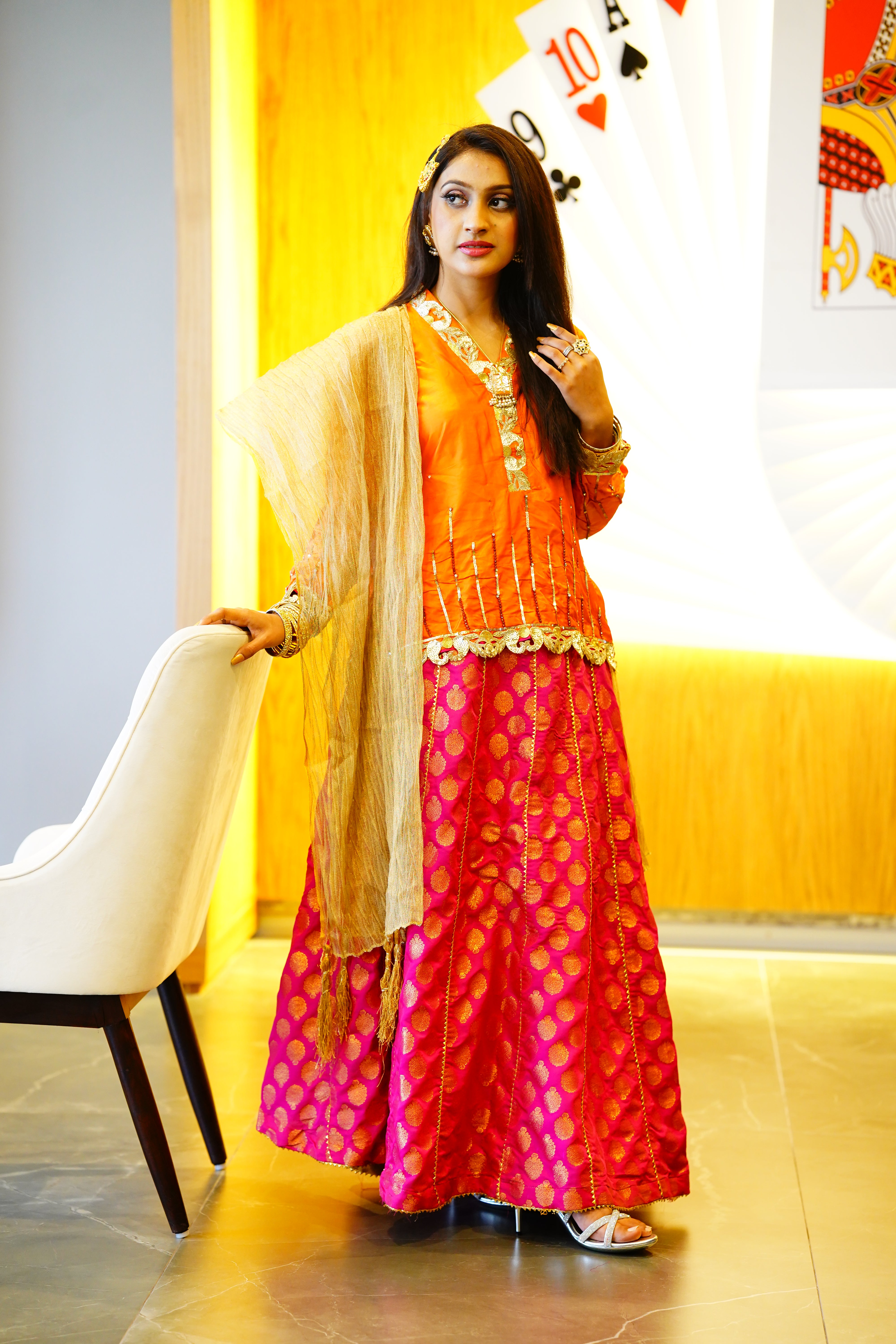 Katlan Silk Shirt With Jamawar Lehenga | Net Dupatta