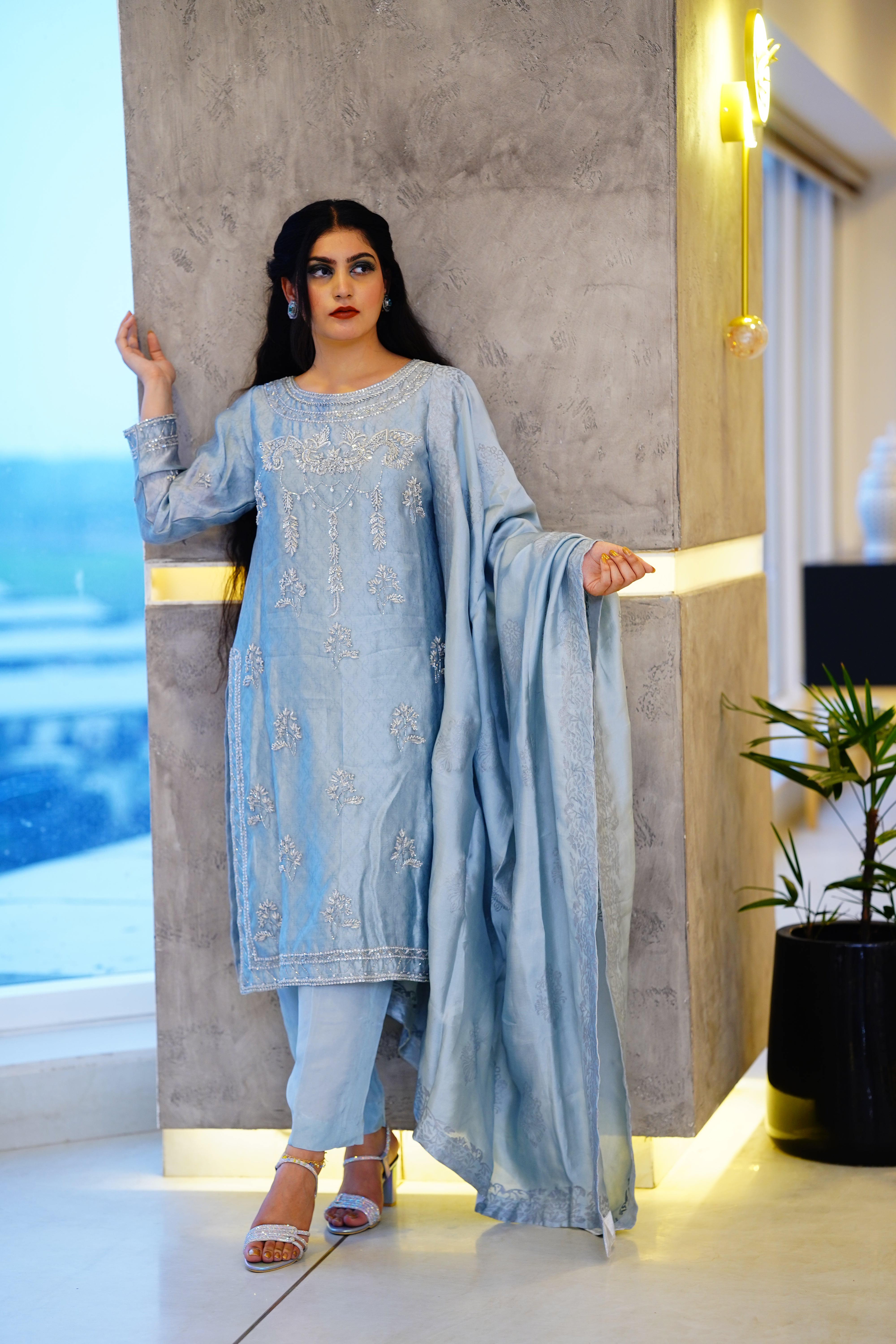 Three Piece Sheesha Silk with Block Print Dupatta