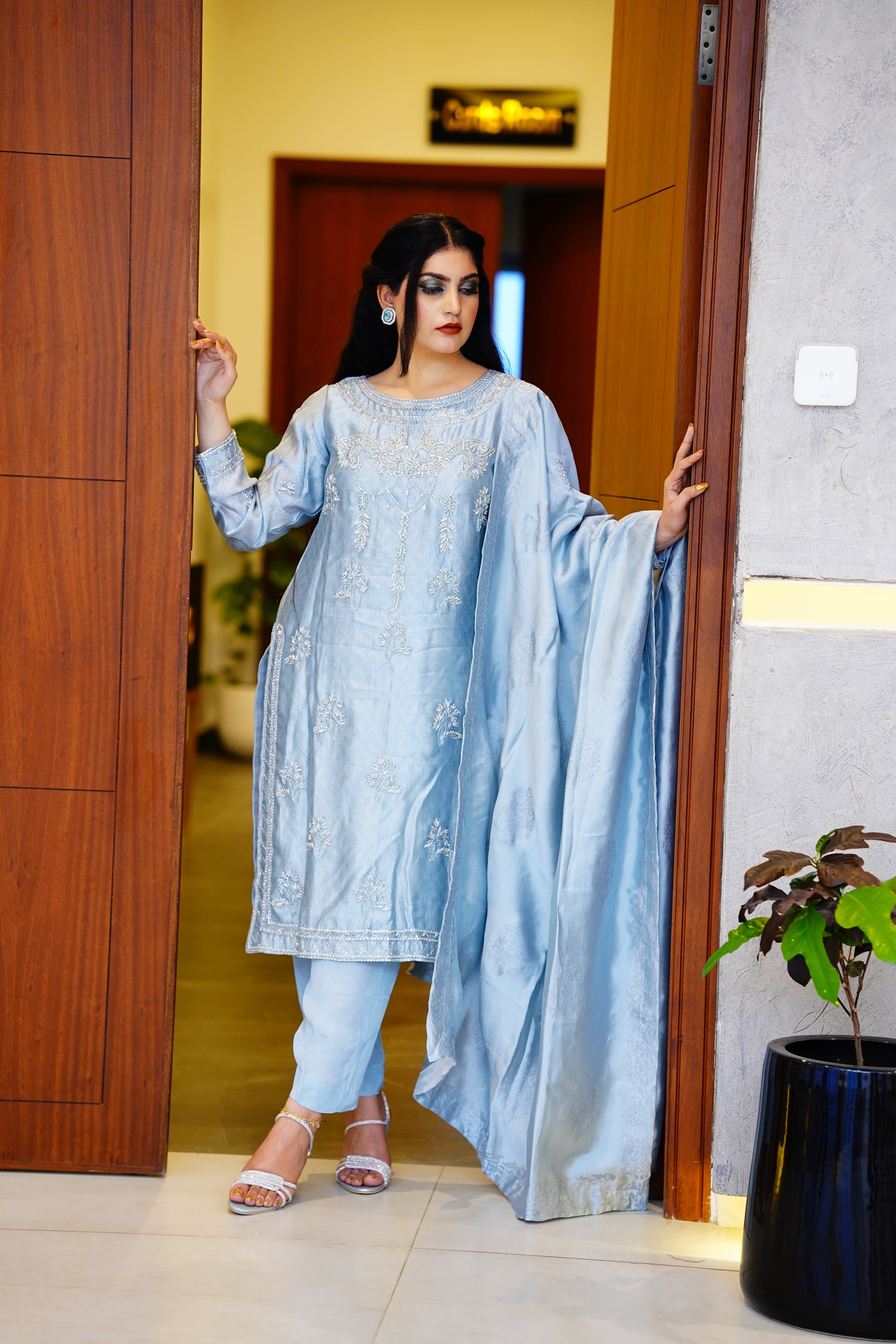 Three Piece Sheesha Silk with Block Print Dupatta