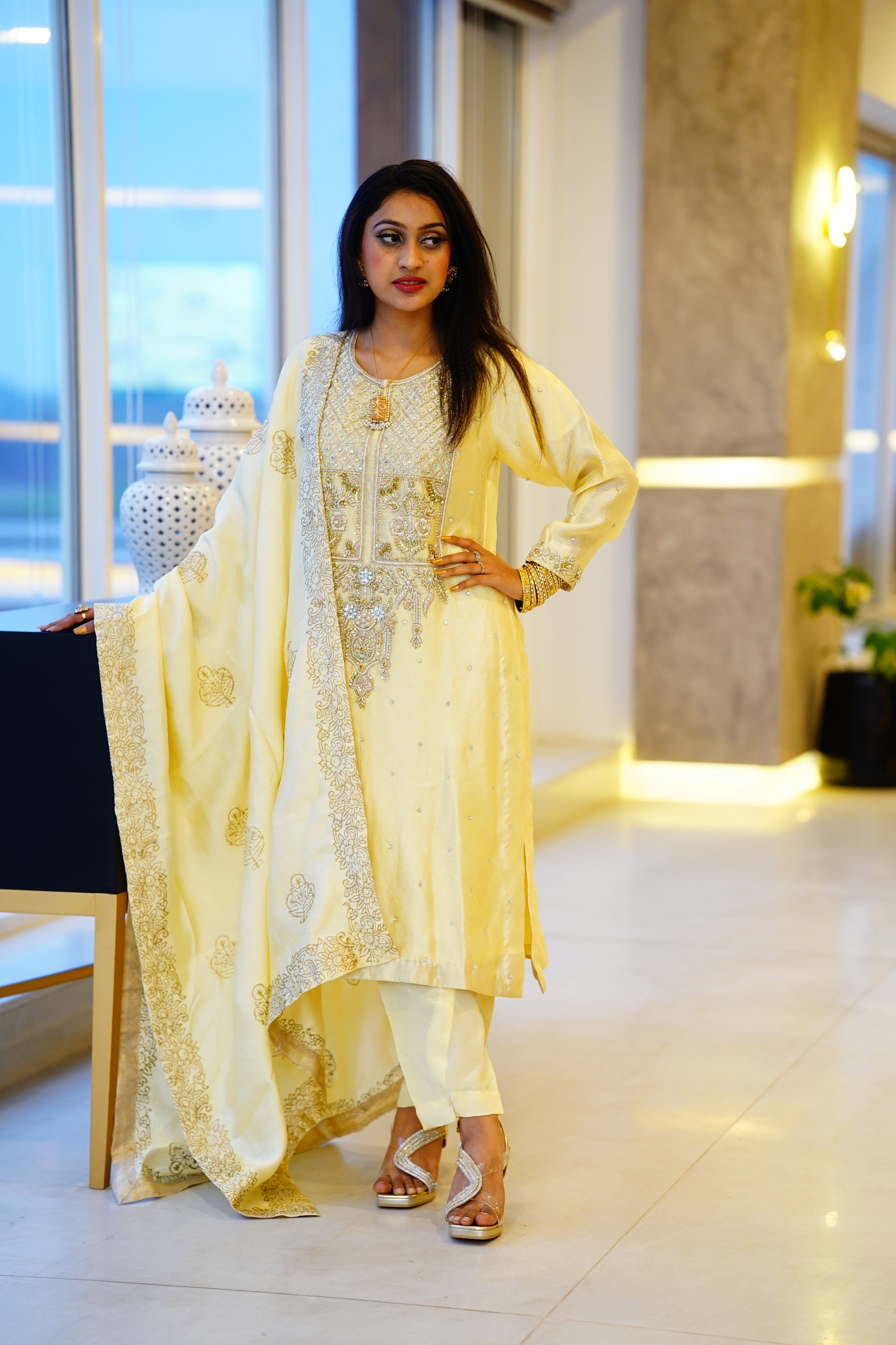 Handmade Naqshi - Adda Work Sheesha Silk Dupatta with Block Print