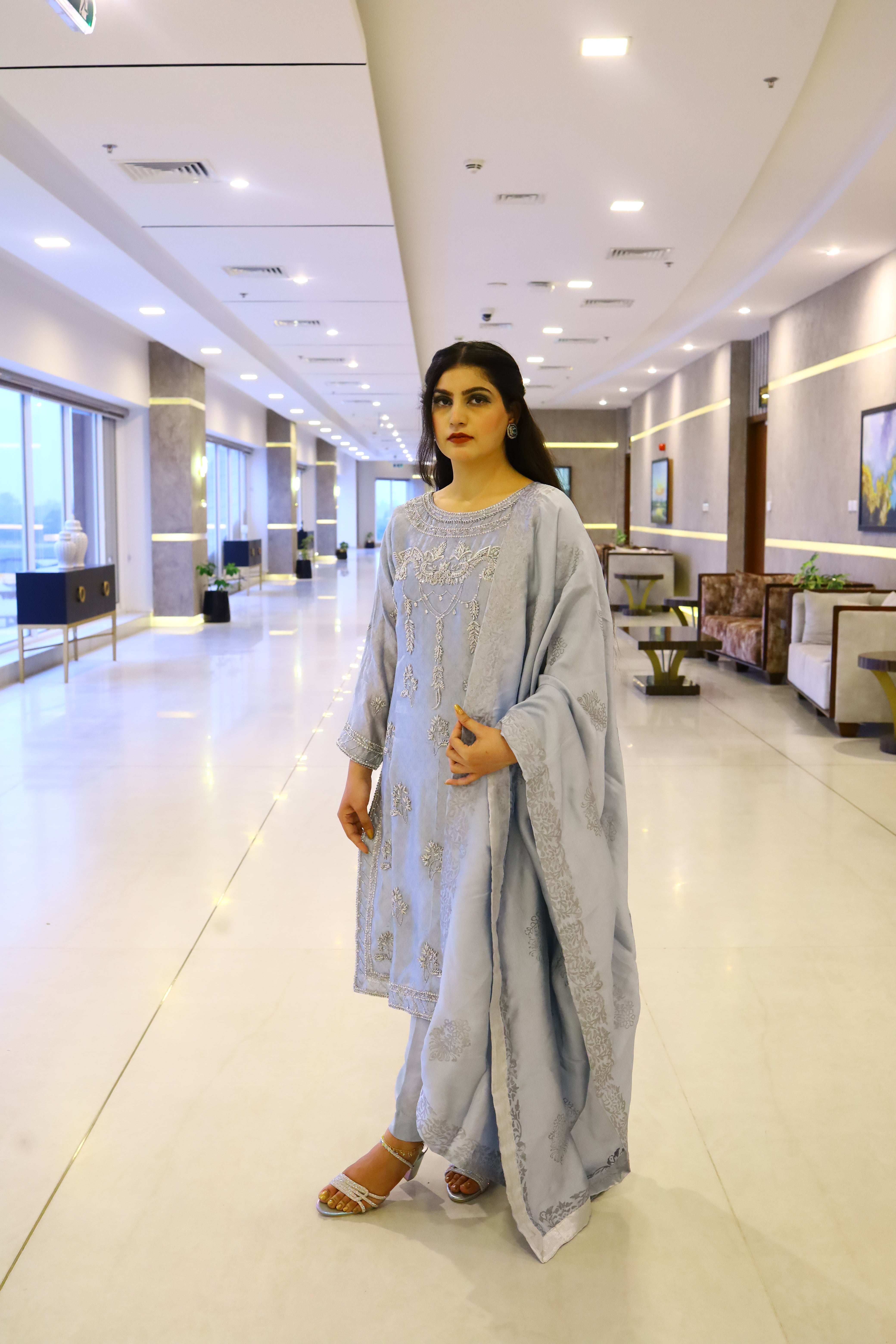 Three Piece Sheesha Silk with Block Print Dupatta