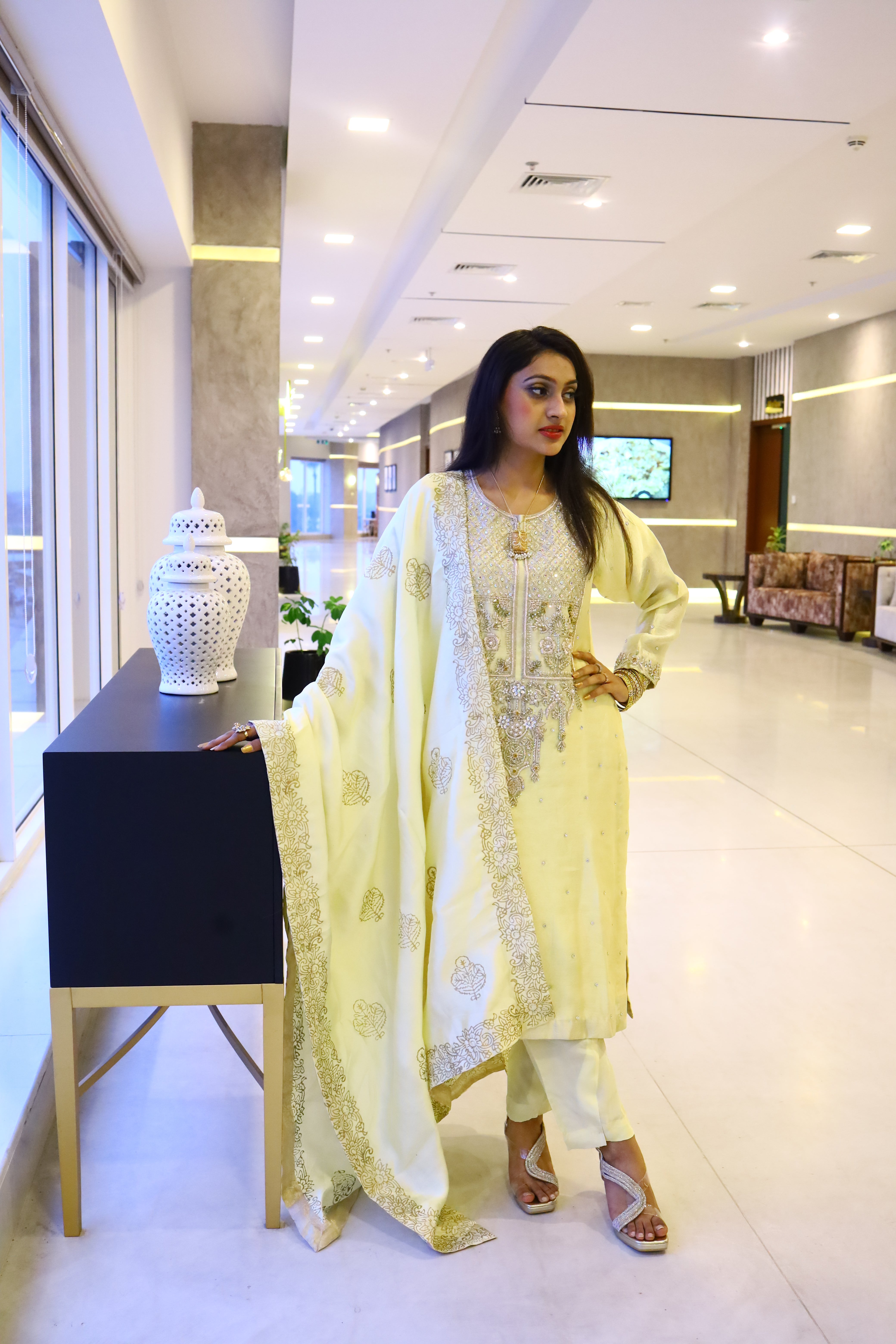 Handmade Naqshi - Adda Work Sheesha Silk Dupatta with Block Print