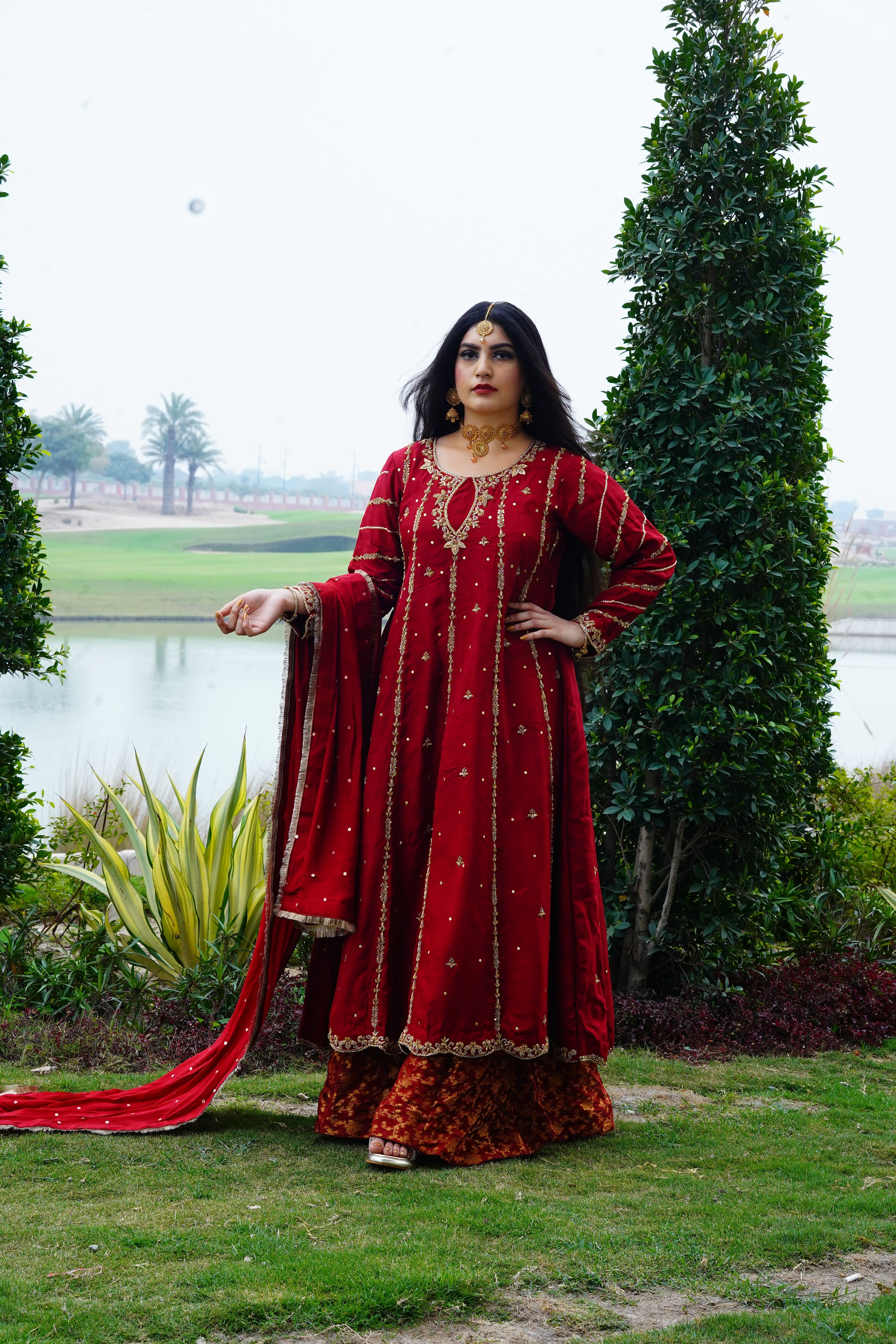 Handmade Luxury Couture Red silk anarkali frock