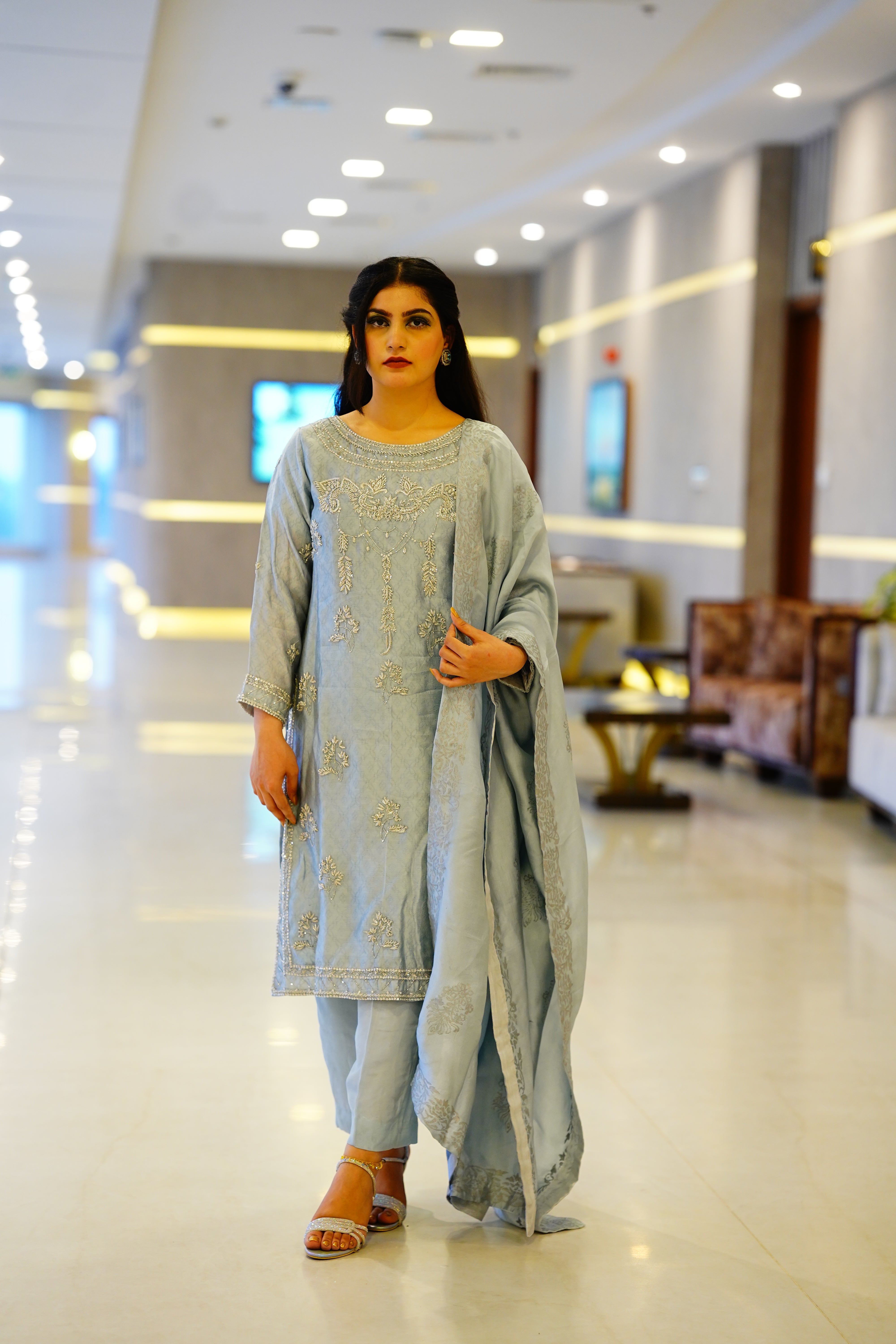 Three Piece Sheesha Silk with Block Print Dupatta