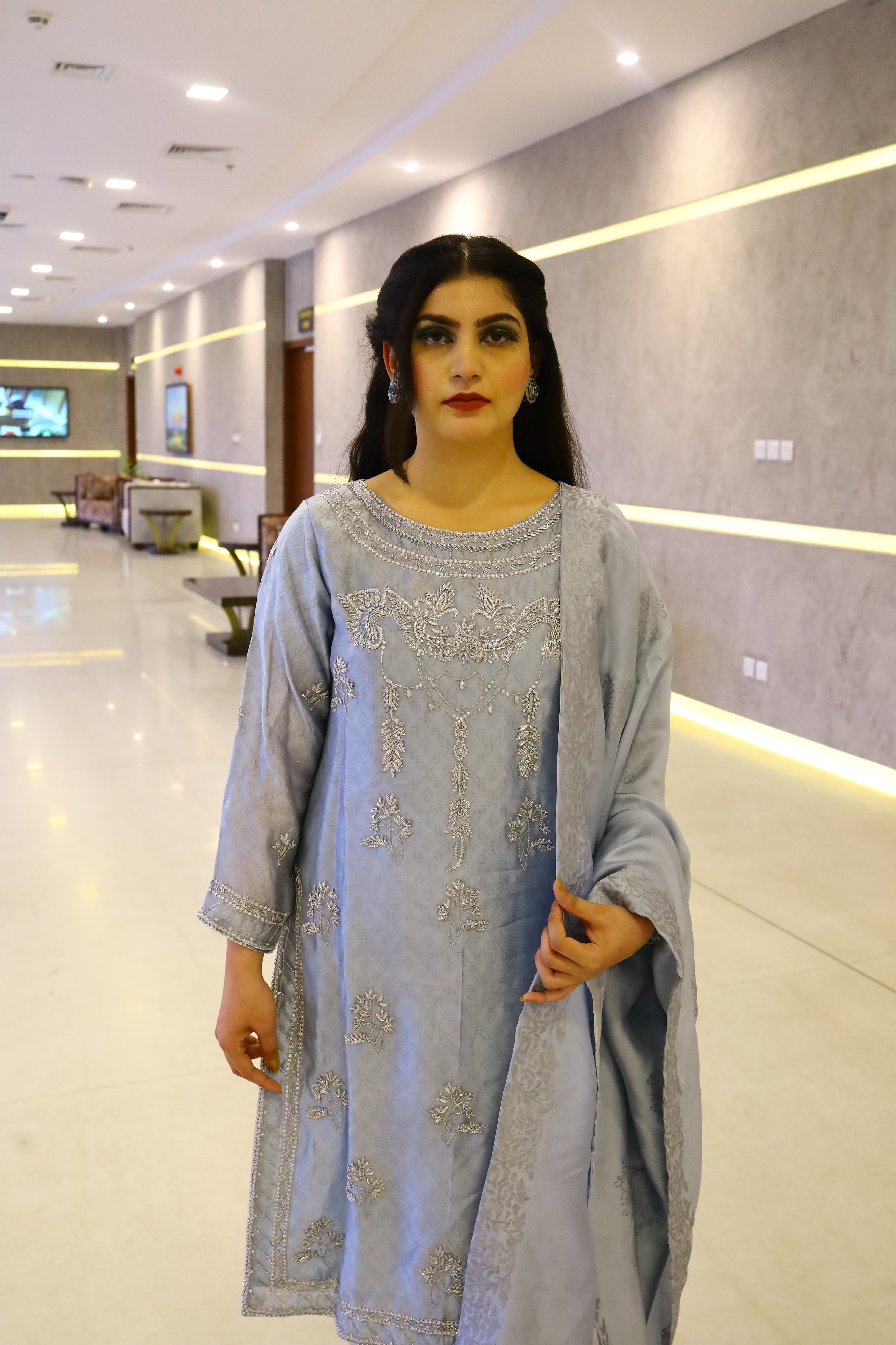 Three Piece Sheesha Silk with Block Print Dupatta